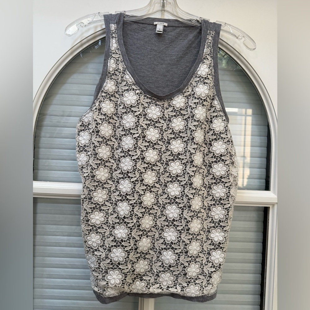 J. Crew Grey and White Floral Eyelit Lace Tank Top.